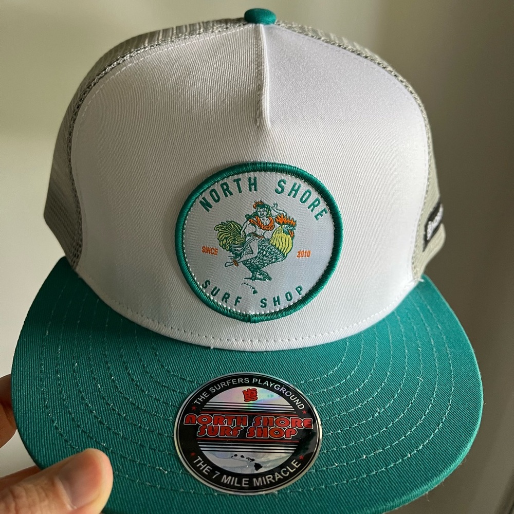 White and Teal North Shore Surf Shop Cap